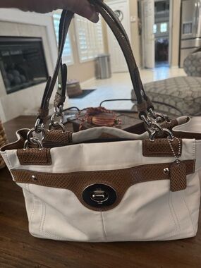 White and Brown Two-Tone Leather Shoulder Bag